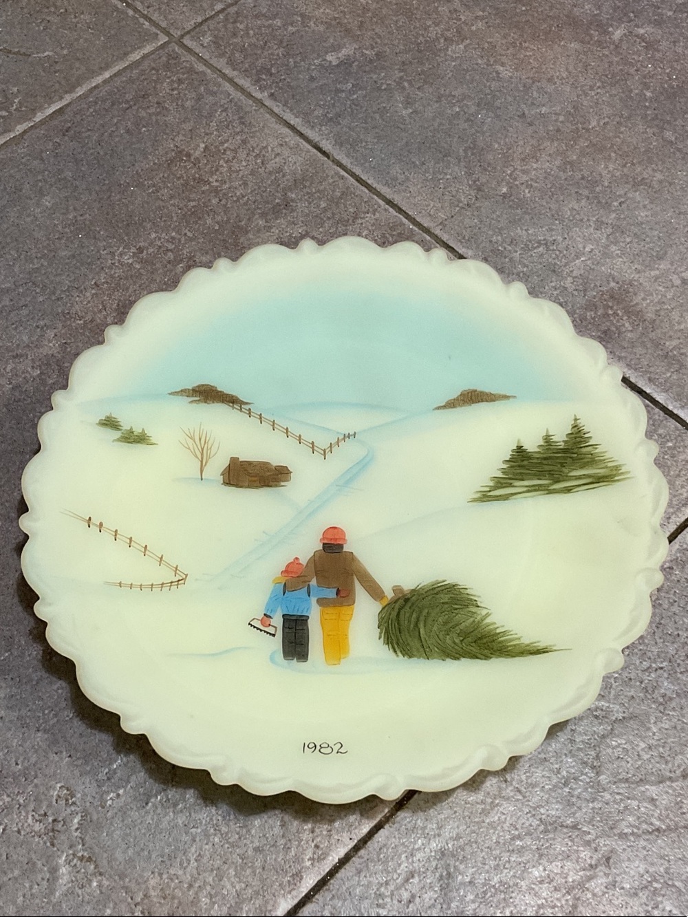 Fenton Cream Plate with Blue Sky and Green Pine Winter Scene